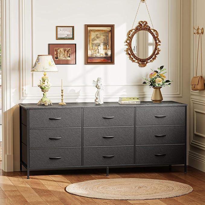 Huuger 9 Drawer Dresser, 55 Inch Dresser TV Stand for 55, 60 Inch TV, Entertainment Center with Drawers, for Bedroom, Closet, Black