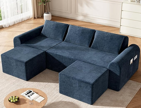 86.6” Cloud Boneless Sectional Sofa for Living Room, 3-Seater Modular Couch for Small Apartments with 2 Ottomans, Deep Seat Chenille Fabric Sofa, No Assembly Required, 72H Full Restore, Blue