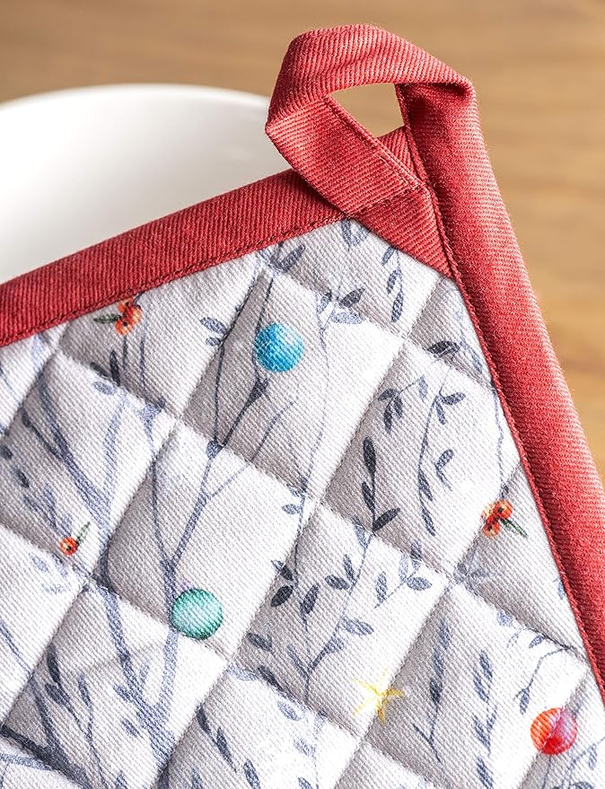 Maison d' Hermine Pot Holders Set 100% Cotton Heat Resistant Potholders 8" x 8" Hot Pads with Loop for Thanksgiving Christmas Decorations BBQ Baking Handling Hot Pans (Pack of 2, Fairy Christmas)