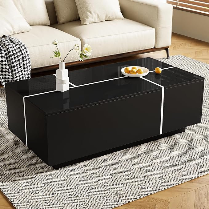 Modern High Gloss Coffee Table with Hidden Storage Space, 47.2-Inch Wooden Extending Top Center Table with Drawers for Living Room, Black