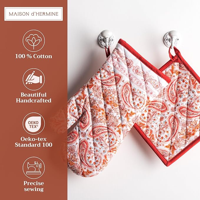 Maison d' Hermine 100% Cotton Oven Mitt & Pot Holder Set (7.5"x13" & 8"x8") Heat Resistant BBQ Cooking Gloves with Loop for Thanksgiving Christmas Decorations Handling Hot Pans (Orient)