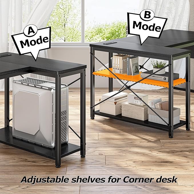 EnHomee Small Computer Desk with Storage Shelves & Side Bag, 40 Inch L Shaped Gaming Desk with Power Outlets, Corner Desk Study Writing Table for Home Office Bedroom Living Room, Black