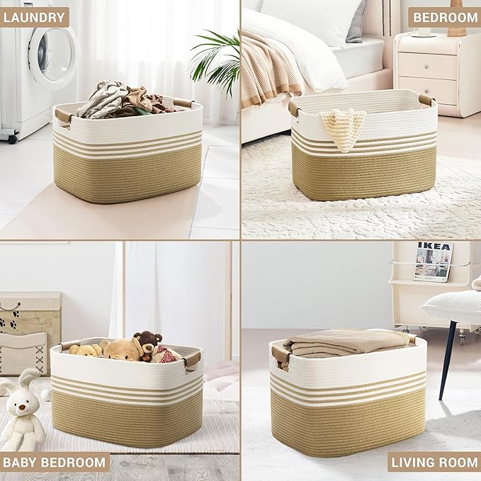 Laundry basket with leather handles for clothes,blankets,pillows,toys,towels,suitable for bedrooms and living rooms,cotton woven laundry hamper,extra large gift basket,24"x16"x14",Khaki