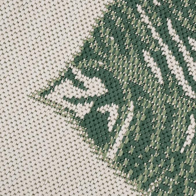 Tropical Outdoor Rug Jungle Leaves Design for Patio in Green Beige, Size: 5'3" x 7'7"