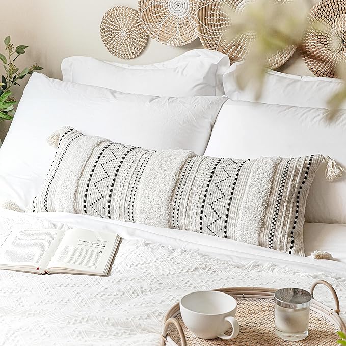 Black Neutral Decorative Lumbar Throw Pillow Cover 14x36 Boho Long Cushion for Bed Accent Farmhouse Pillowcase for Bedroom Living Room Couch Sofa Home Décor (Cover ONLY, Pack of 1)