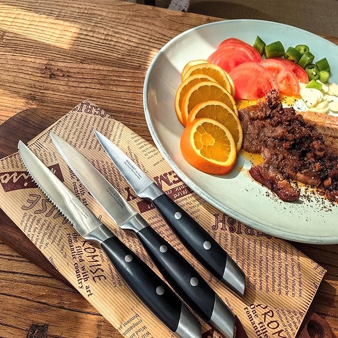 3-Piece Kitchen Knife Set,Fruit Knife Set,Precision Forged High-Carbon Stainless Steel, Black Ergonomic Handle, 3.5" & 5" Straight & Serrated Edge