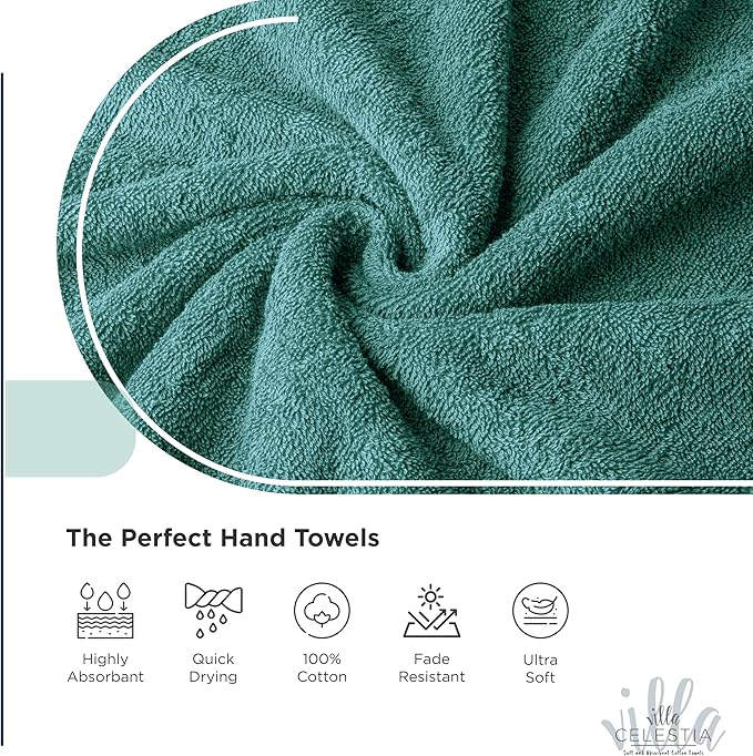 100% Cotton Bath Towel Set of 12-4 Bath Towels, 4 Hand Towels, 4 Wash Cloths, Sustainable, Soft, Highly Absorbent, Combed Cotton 12 Piece Set for Hotels, Spa, Bathroom, Dorm, Teal