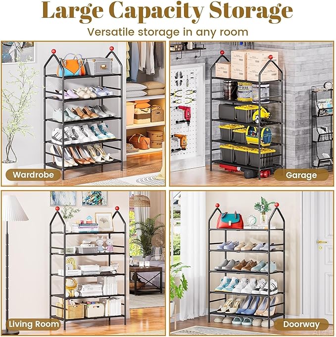 Shoe Rack, 5-Tier Shoe Organizer, Metal Storage Shelf, Shoe Rack for Closet, Free Standing Shoe Racks for Entryway, Garage & Doorway, Sturdy Shoe Shelves, Black