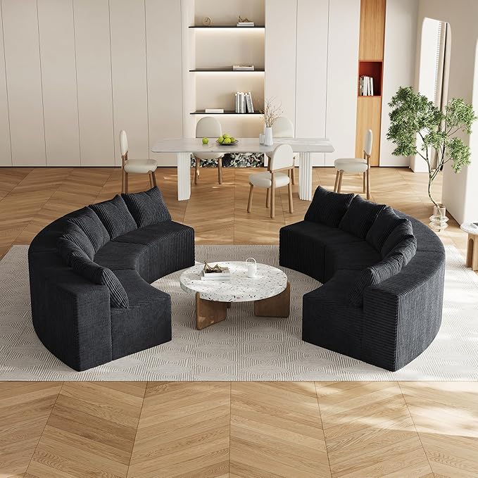 KEIKI Corduroy Curved Sectional Sofa, 6 Seater Symmetrical Modular Semi Circular Couch, Deep Seat Tufted Corner Sofa for Living Room, Lobby, Black