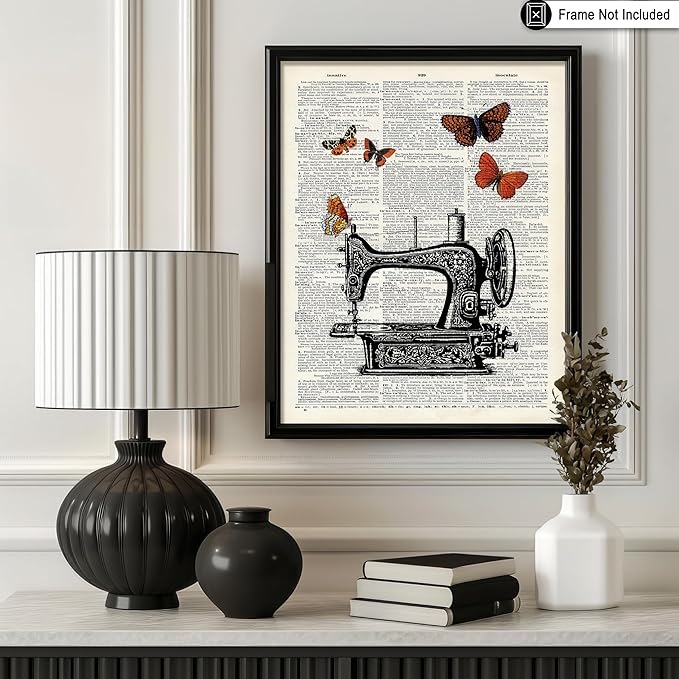 Poster Master Dictionary Art Poster - Sewing Machine Print - Sewing Art - Butterfly Art - Gift for Men, Women & Dressmaker - Chic Decor for Living Room, Bedroom or Office, 18x24 Unframed Wall Art