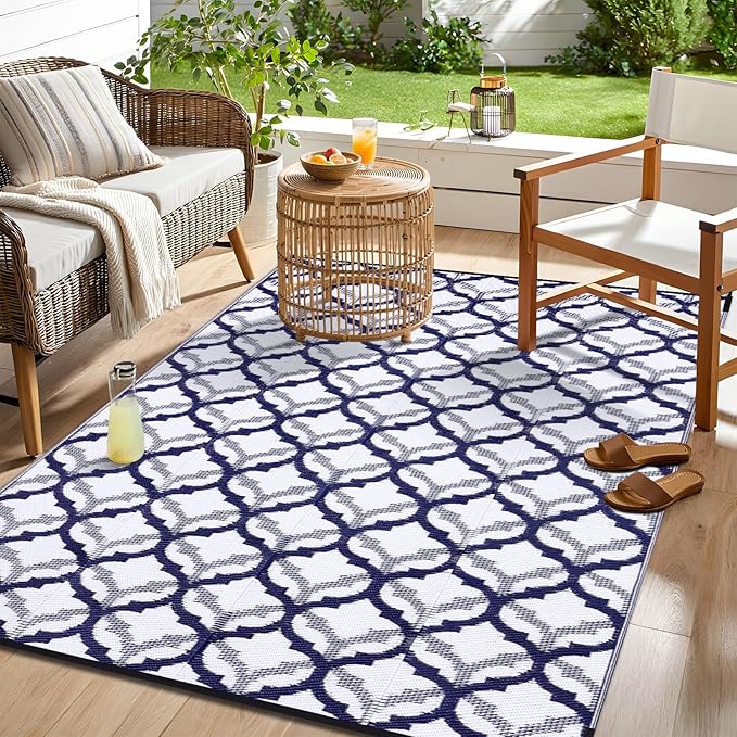 OLANLY Reversible Outdoor Rug 8x10 ft Clearance, Waterproof Outdoor Plastic Straw Rug with Interlacing Pattern, RV Mat for Patio, Camping, Balcony, Deck, Backyard, Navy & White