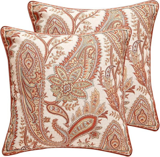 Design Linen Classic Vintage Throw Pillow Covers 18"x18" Pack of 2, Square Cushion Covers with Orange Yellow Paisley Style Pattern Decoration Pillowcases for Bed,Living Room,Outdoor,Car