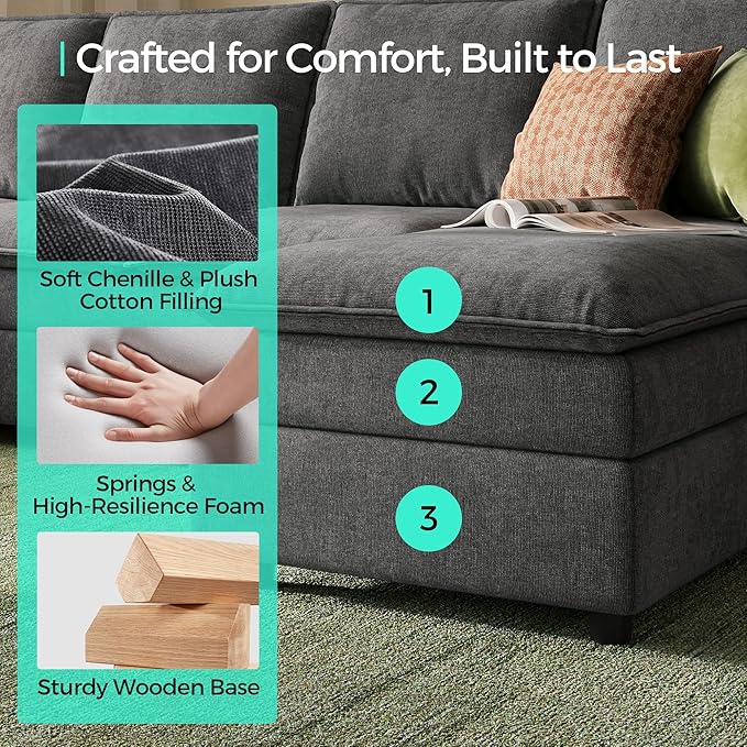 LINSY HOME Modular Cloud Couch, 113" L Shaped Sectional Sofa with Double Layer Cushions and Ottoman, Chenille 4 Seater Sofa Set for Living Room, Apartment, Grey