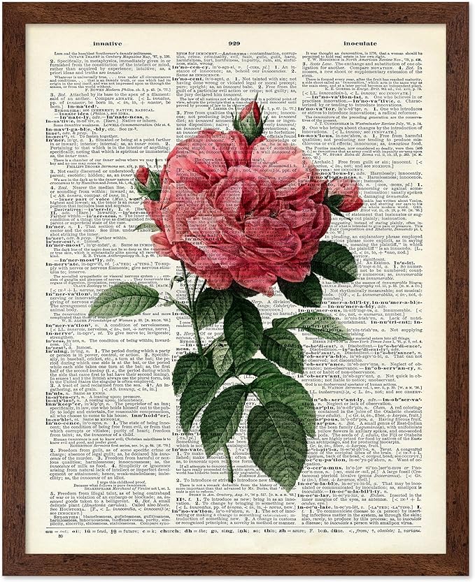 Poster Master Dictionary Art Poster - Pink Roses Print - Flower Art - Floral Art - Gift for Him, Her & Florist - Minimal Decor for Living Room, Bedroom, Dorm or Flower Shop, 16x20 Brown Framed
