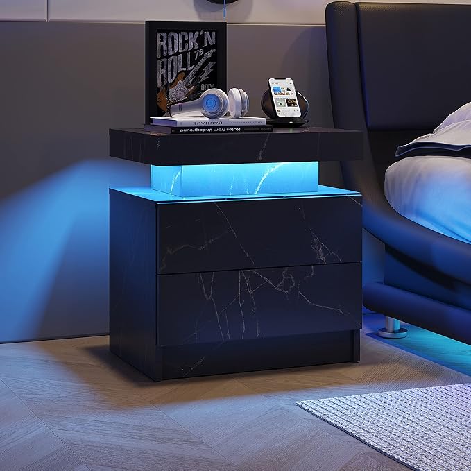 LED Nightstands, Bedside Table with 2 Drawers, Modern Bedroom Furniture with Changing RGB Light & Remote for Bedroom and Living Room, Black Marble Pattern
