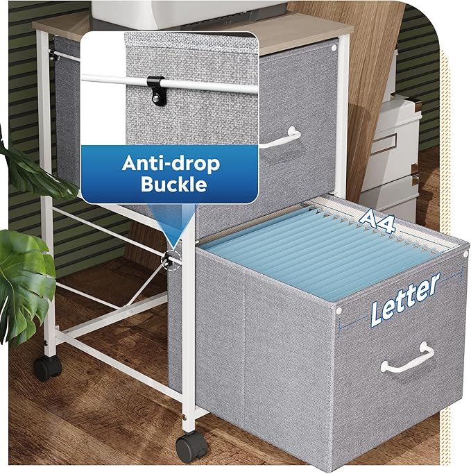 DEVAISE 2 Drawer Mobile File Cabinet, Rolling Printer Stand, Fabric Vertical Filing Cabinet fits A4 or Letter Size for Home Office, Light Grey