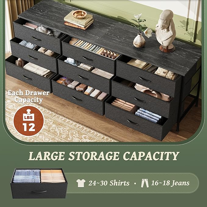 Huuger 63 Inch Dresser for Bedroom, Dresser for Closet with 9 Drawers, Large TV Stand for 55, 65, 70 Inch TV, Entertainment Center with Storage, Wide Long Chest of Drawers, Black