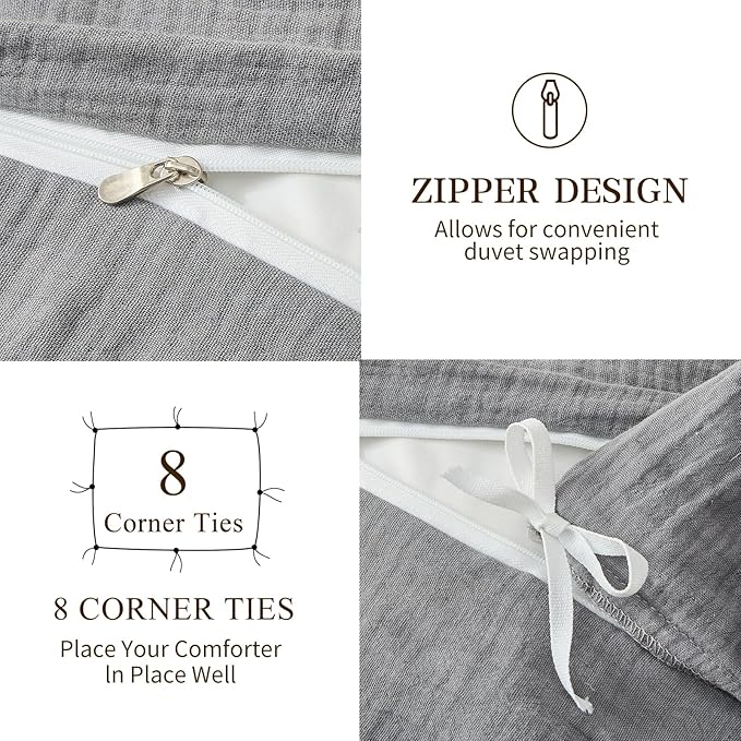 MEISHANG Muslin Duvet Cover King Size - 100% Organic Cotton, Soft Textured Gauze Weave Comforter Cover for Breathable All-Season with Zipper Closure - 3 Piece Set (King, Dark Grey)
