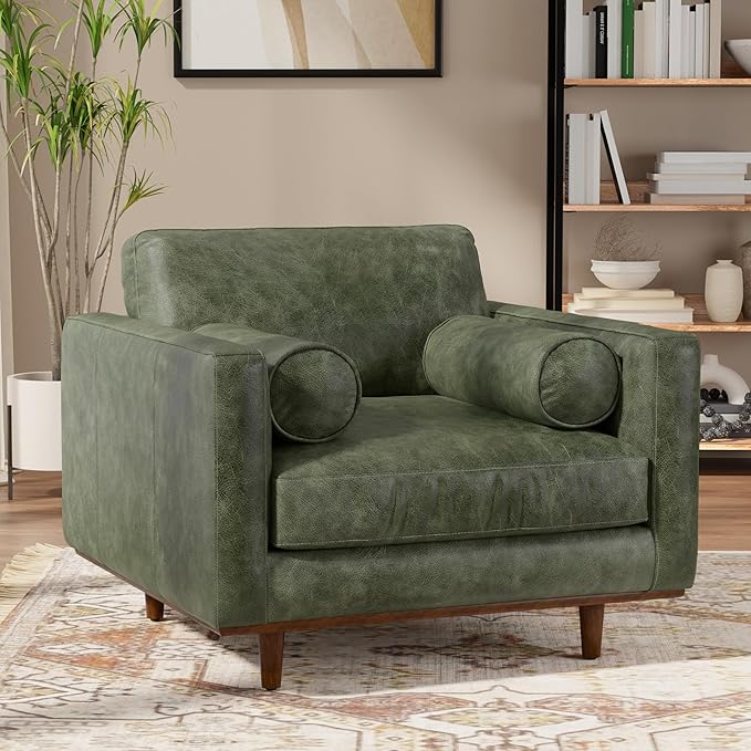 SIMPLIHOME Morrison Accent Chair - 43 inch Wide Upholstered Top Grain Genuine Leather Mid-Century Modern Arm Chair with Solid Wood Frame in Moss Green, for Living Room with 2 Bolster Pillows
