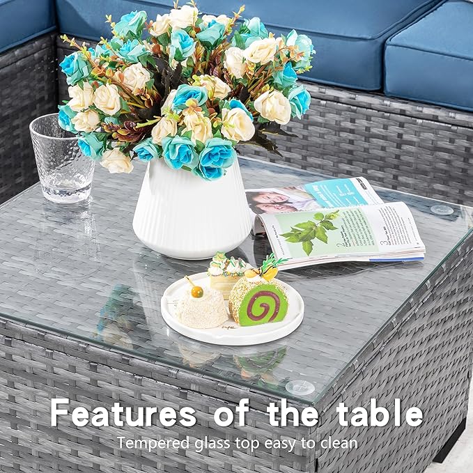 Shintenchi Patio Furniture Sets 3 Pieces Outdoor Sectional Sofa Silver All-Weather Rattan Wicker Sofa Small Patio Conversation Couch with Washable Cushion and Glass Table(Aegean Blue)