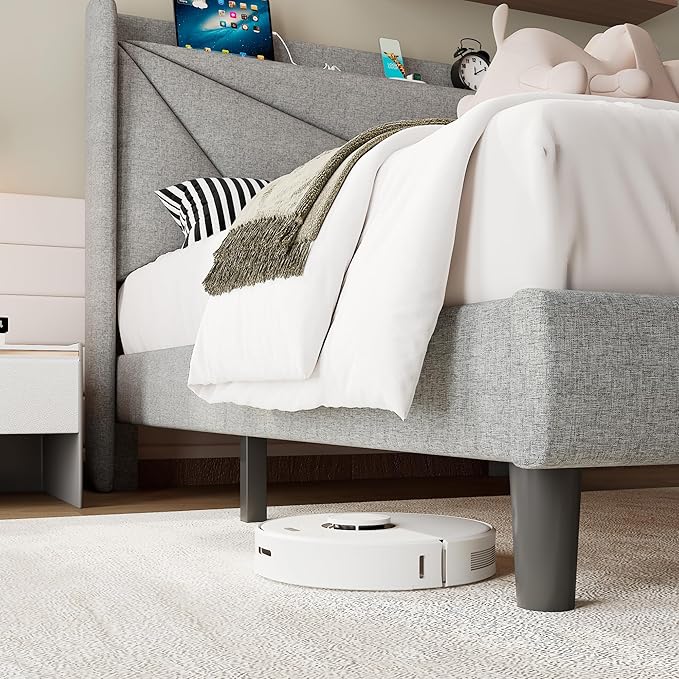 iPormis Twin Size Bed Frame with Charging Station, Linen Platform Bed Frame with Wingback Headboard Upholstered Bedframe, Solid Wood Slats Support, No Box Spring Needed, Easy Assembly, Light Grey
