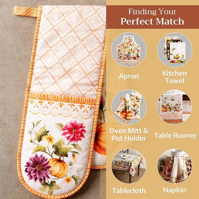 Maison d' Hermine Double Oven Mitt (7" x 35") 100% Cotton Heat Resistant BBQ Cooking Gloves with Loop for Thanksgiving Christmas Decorations Cooking Handling Hot Pan (Pumpkin Garden - Cloudy Cream)