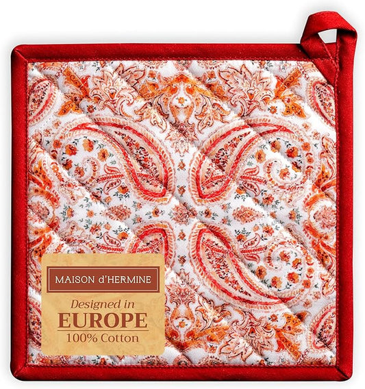 Maison d' Hermine Pot Holders 100% Cotton Heat Resistant Potholders 8" x 8" Hot Pads with Loop for Thanksgiving Christmas Decorations BBQ Cooking Baking Handling Hot Pans (Pack of 1, Orient)