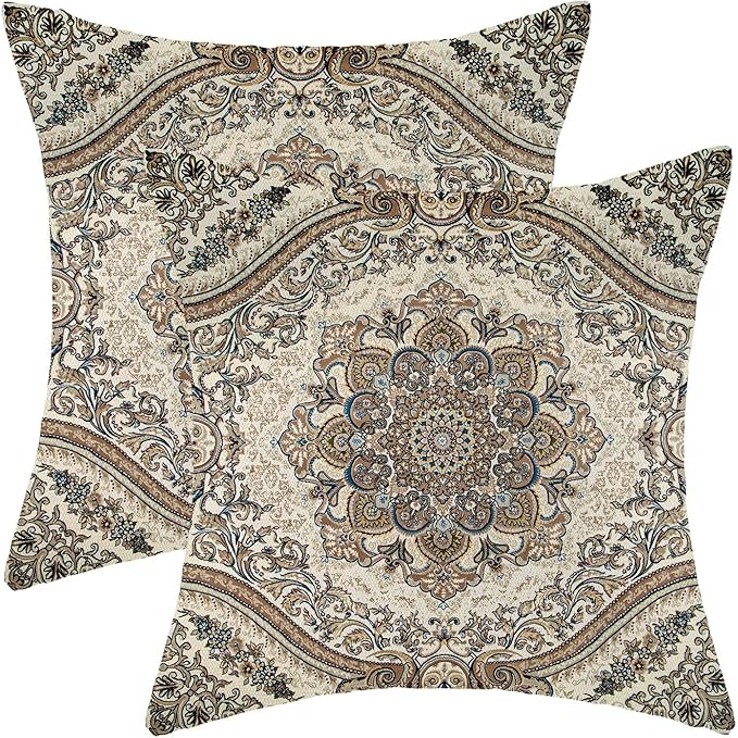 Boho Throw Pillow Covers 18x18 Inch Set of 2, Linen Ethnic Design Pattern Decorative Throw Pillow Covers Gray Carpet Pattern Outdoor Cushion Cover for Sofa Couch Farmhouse Room Bed Decor
