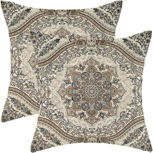 Boho Throw Pillow Covers 18x18 Inch Set of 2, Linen Ethnic Design Pattern Decorative Throw Pillow Covers Gray Carpet Pattern Outdoor Cushion Cover for Sofa Couch Farmhouse Room Bed Decor