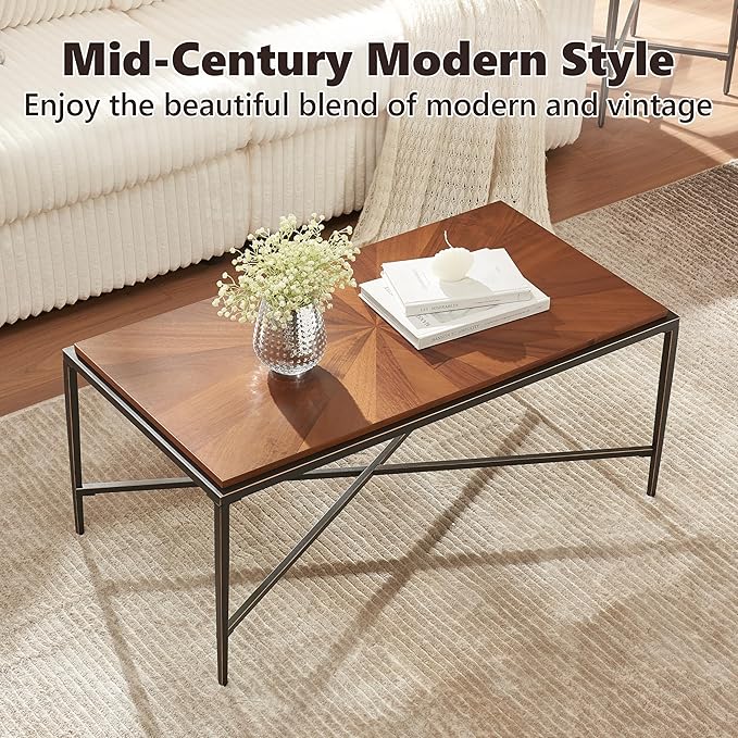 EDYO LIVING Mid Century Modern Coffee Table with Cross Metal Legs, 41.3” Wooden Single Tier Coffee Table, Retro Accent Sofa Center Table for Living Room, Home Office, Brown