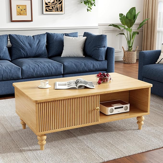 Mid-Century Modern Coffee Table, Wooden Fluted Entertainment Center with Open Storage Shelf, Rustic Living Room Furniture for Home & Office, Natural Oak