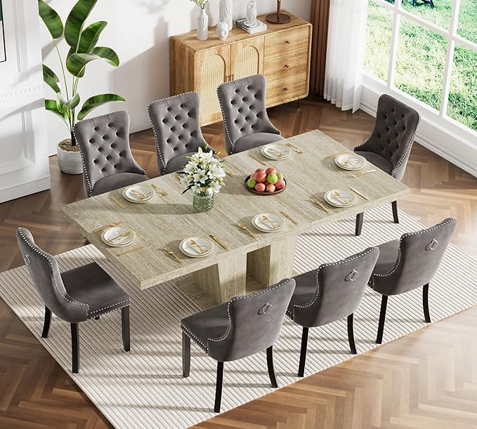 Goujxcy 9-Piece Extendable Dining Table Set for 8, 63-78 Inch Faux Travetine Kitchen Table Set with 8 Grey Upholstered Chairs Modern Wood Expandable Dining Room Table Set for Kitchen Apartment