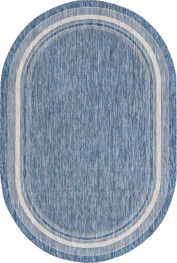 Unique Loom Outdoor Border Collection Area Rug - Soft Border (5' 1" x 8' Oval, Blue/ Ivory)