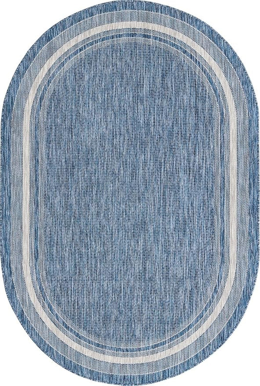 Unique Loom Outdoor Border Collection Area Rug - Soft Border (5' 1" x 8' Oval, Blue/ Ivory)