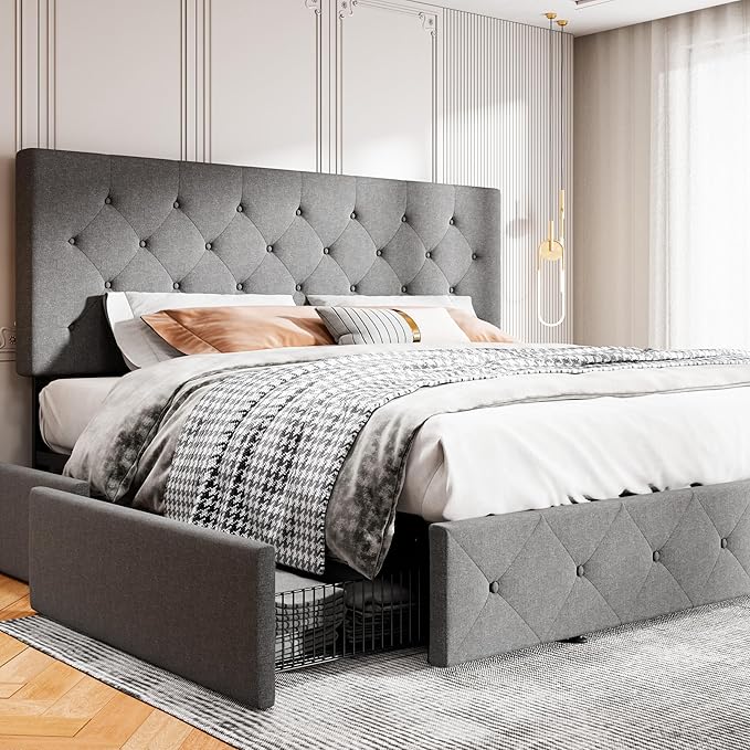 MUTICOR King Size Bed Frame with 4 Storage Drawers, Upholstered Platform Bed with Button Tufted Adjustable Headboard, No Box Spring Needed, Easy Assembly, Diamond Tufted, Light Grey Fabric