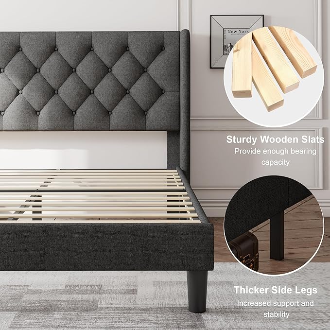 Feonase Full Size Bed Frame with Upholstered Wingback Headboard, Platform Bed and Heavy Duty Wooden Slats Support, Easy Assembly, Noise-Free, No Box Spring Needed, Dark Gray