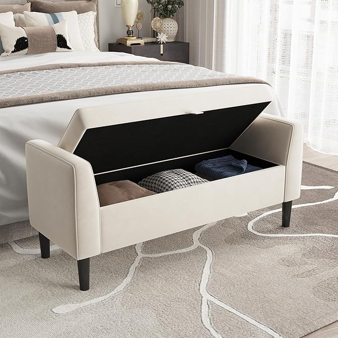 46.5" Storage Ottoman Bench – Upholstered End-of-Bed Storage Chest with Rolled Armrests & Wood Legs, Entryway Shoe Bench and Footrest Seat for Hallway, Bedroom & Living Room & Walk-in Closet（Beige）