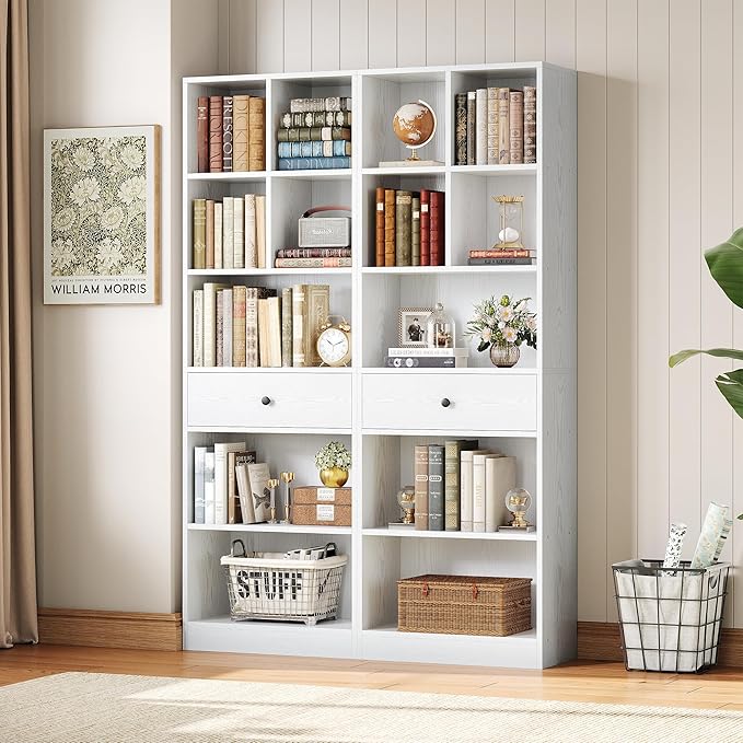 IRONCK Bookcase and Bookshelves, 70" Tall Bookshelf Floor Standing 6 Tiers Display Storage Shelves, Book Shelf with Drawers for Home Office, Living Room, Bedroom, Library, White