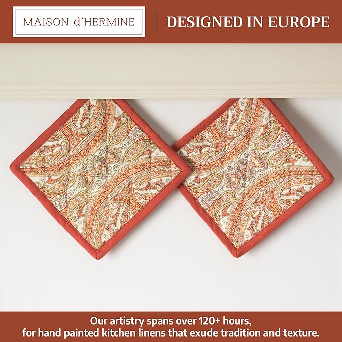 Maison d' Hermine Pot Holders Set 100% Cotton Heat Resistant Potholders 8" x 8" Hot Pads with Loop for Thanksgiving Christmas Decorations BBQ Baking Handling Hot Pans (Pack of 2, Kashmir Paisley)