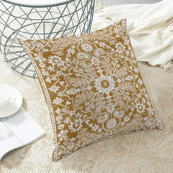Brown White Boho Pillow Covers 18x18 Set of 2, Carpet Design Coffee Decorative Boho Throw Pillows Linen Farmhouse Bohemian Cushion Pillow Covers for Sofa Couch Outdoor Decor
