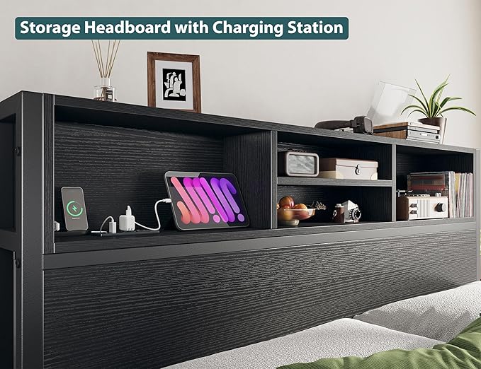 EnHomee Queen Bed Frame with 6 Storage Drawers Queen Size Bed Frame with Headboard, Storage Bed with Charging Station, No Noise,No Box Springs Needed,Black