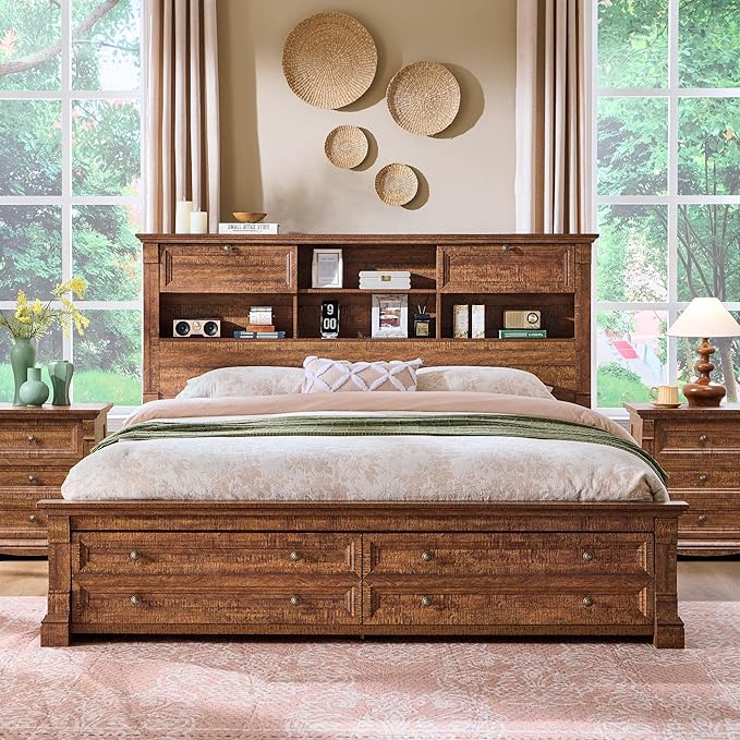 Farmhouse King Size Bed Frame with 54" Tall Headboard, Headboard with 4 Storage Rack, 2 Drawers, Wood Platform Bed Frame,18" Roman Column Decoration Footboard, No Box Spring Needed(Reclaimed Barnwood)