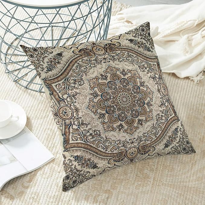 Boho Throw Pillow Covers 18x18 Inch Set of 2, Linen Ethnic Design Pattern Decorative Throw Pillow Covers Gray Carpet Pattern Outdoor Cushion Cover for Sofa Couch Farmhouse Room Bed Decor