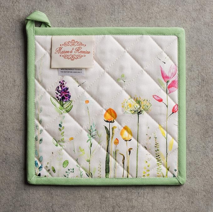 Maison d' Hermine Pot Holders 100% Cotton Heat Resistant Potholders 8" x 8" Hot Pads with Loop BBQ, Cooking, Baking, Grilling, Kitchen, Handling Hot Pans Spring/Summer (Pack of 1, Botanical Fresh)