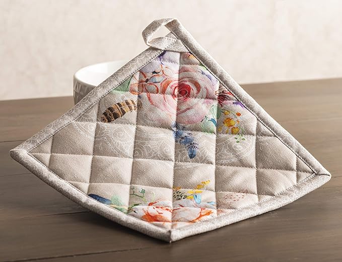 Maison d' Hermine Pot Holders Set 100% Cotton Heat Resistant Potholders 8" x 8" Hot Pads with Loop BBQ, Cooking, Baking, Grilling, Kitchen, Handling Hot Pans Spring/Summer (Pack of 2, Ibiza - Beige)