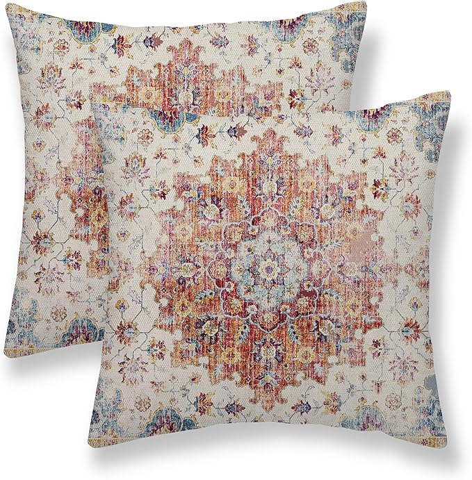 Boho Pillow Covers 24x24 Set of 2, Blue Orange Bohemian Carpet Pattern Outdoor Decorative Throw Pillows Linen Ethnic Design Vintage Farmhouse Cushion Cases for Couch Sofa Decor