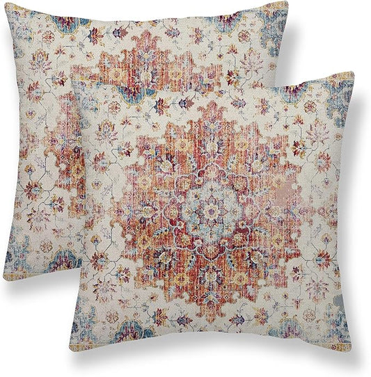 Boho Pillow Covers 20x20 Set of 2, Blue Orange Bohemian Carpet Pattern Outdoor Decorative Throw Pillows Linen Ethnic Design Vintage Farmhouse Cushion Cases for Couch Sofa Decor