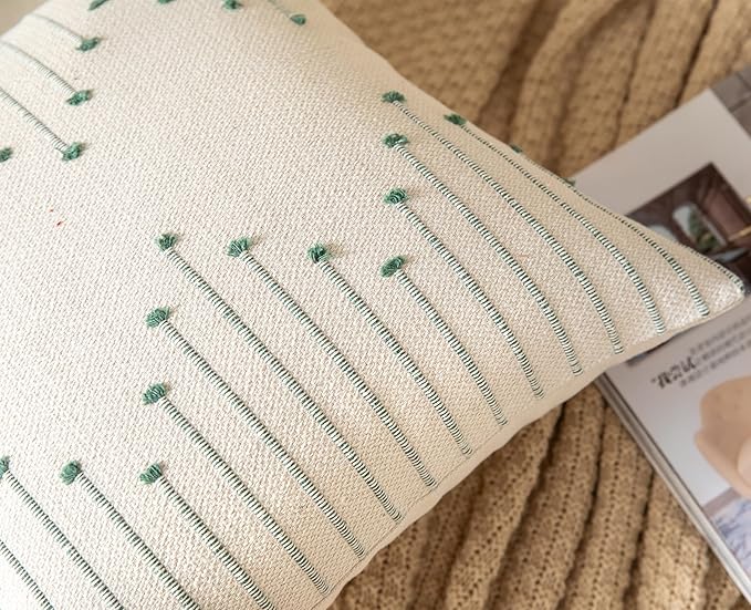 Caflife Boho Throw Pillow Covers 22x22 Set of 2 Decorative Pillows for Bed, Neutral Pillow Covers Beige with Green Line Throw Pillows for Modern Farmhouse Couch Sofa Living Room Outdoor