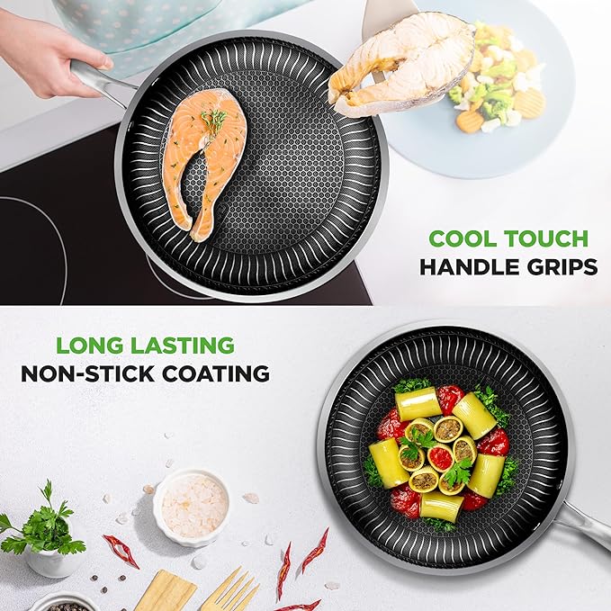 NutriChef 6-Piece Tri-Ply Stainless Steel Frying Pan Set – 8", 10", 12" Non-Stick Skillets with Lids, Induction Compatible, Oven Safe, Scratch-Resistant, Dishwasher Safe
