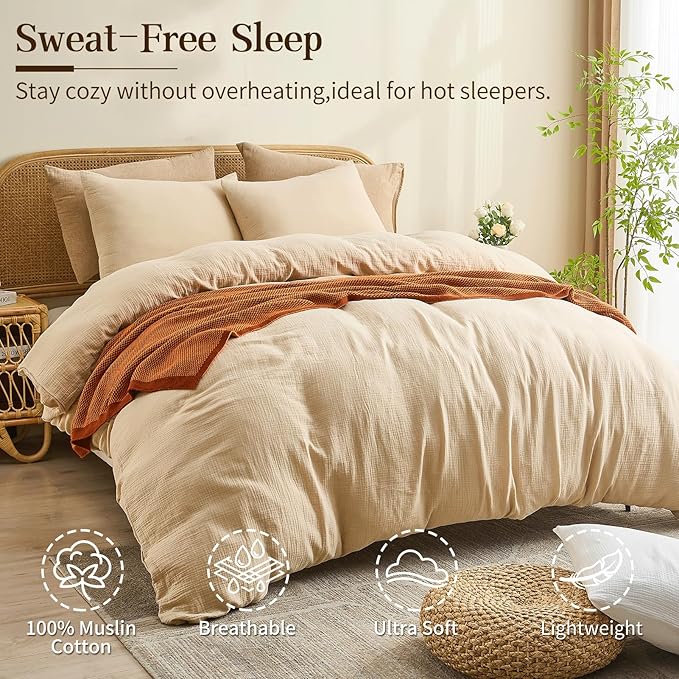 MEISHANG Muslin Duvet Cover King Size - 100% Organic Cotton, Soft Textured Gauze Weave Comforter Cover for Breathable All-Season with Zipper Closure - 3 Piece Set (King, Linen)